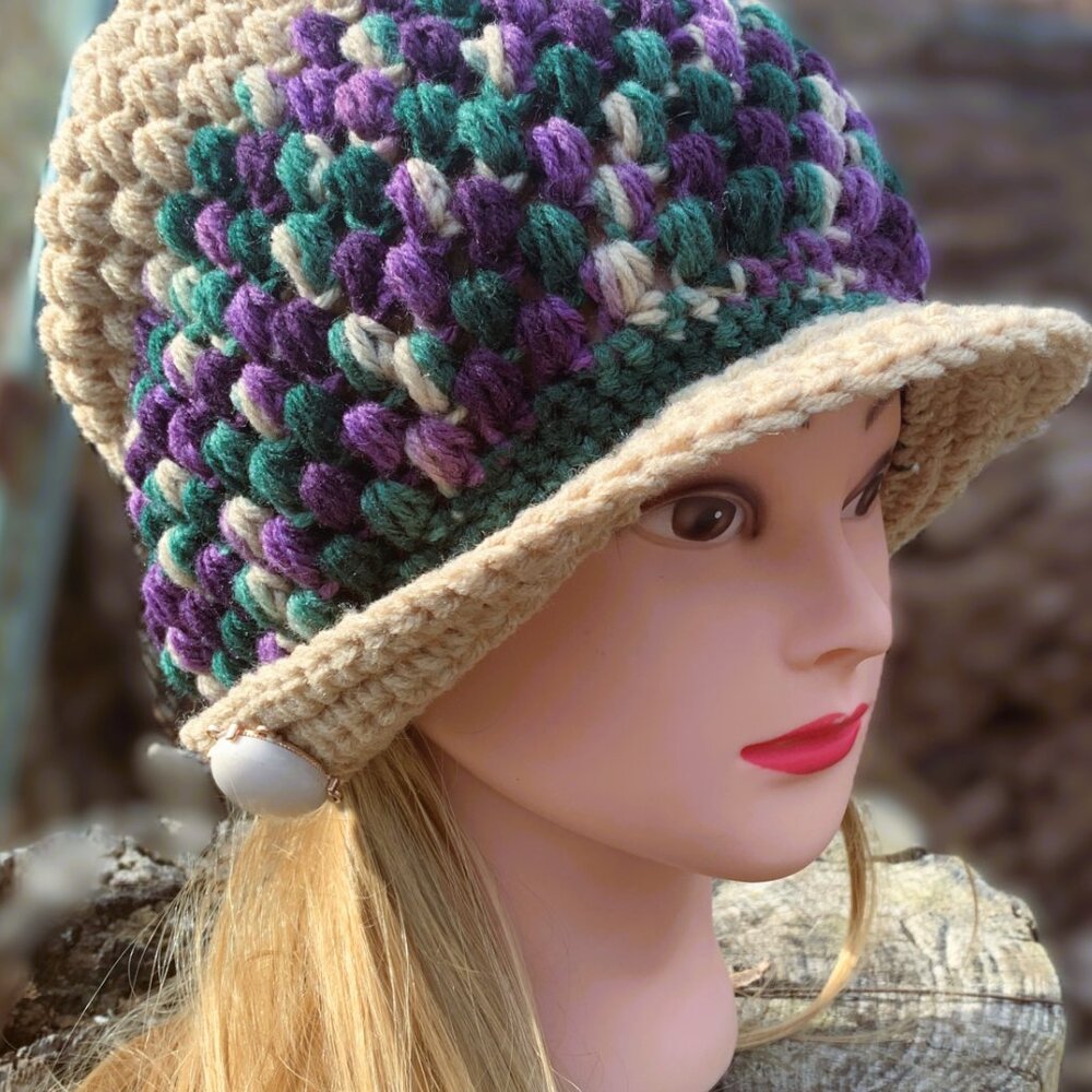 Crochet Handmade Tan/Purple/Green Slouchy Brimmed Hat